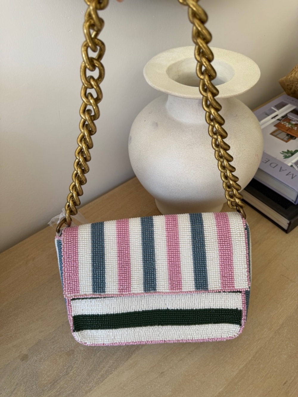 Viral Famous Beaded Stripe Shoulder Bag in Pink, White & Dark Green - Picture 6 of 15